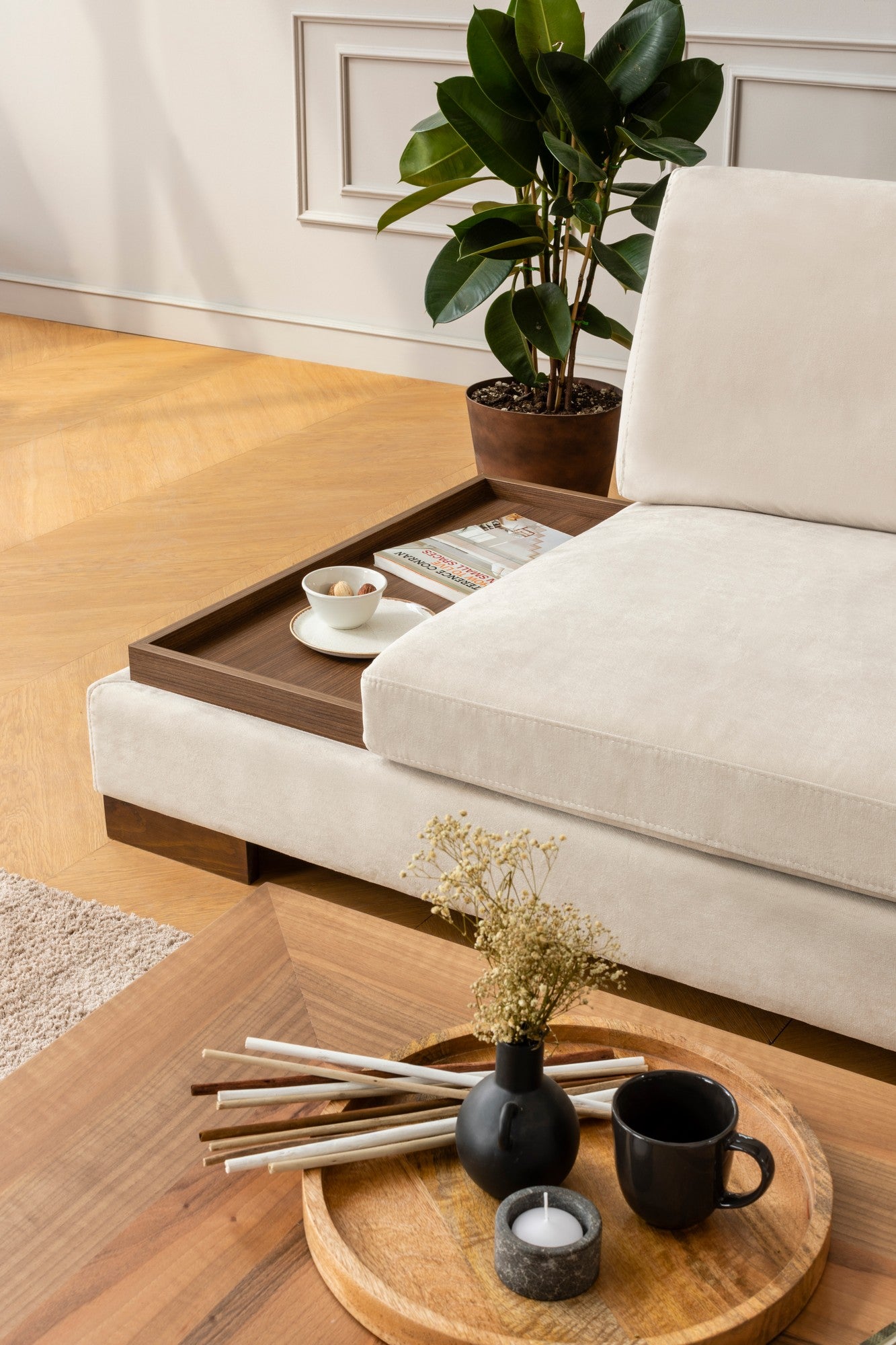 Tulpanhörn Höger Utan Pouf - Beige Hörnsoffa