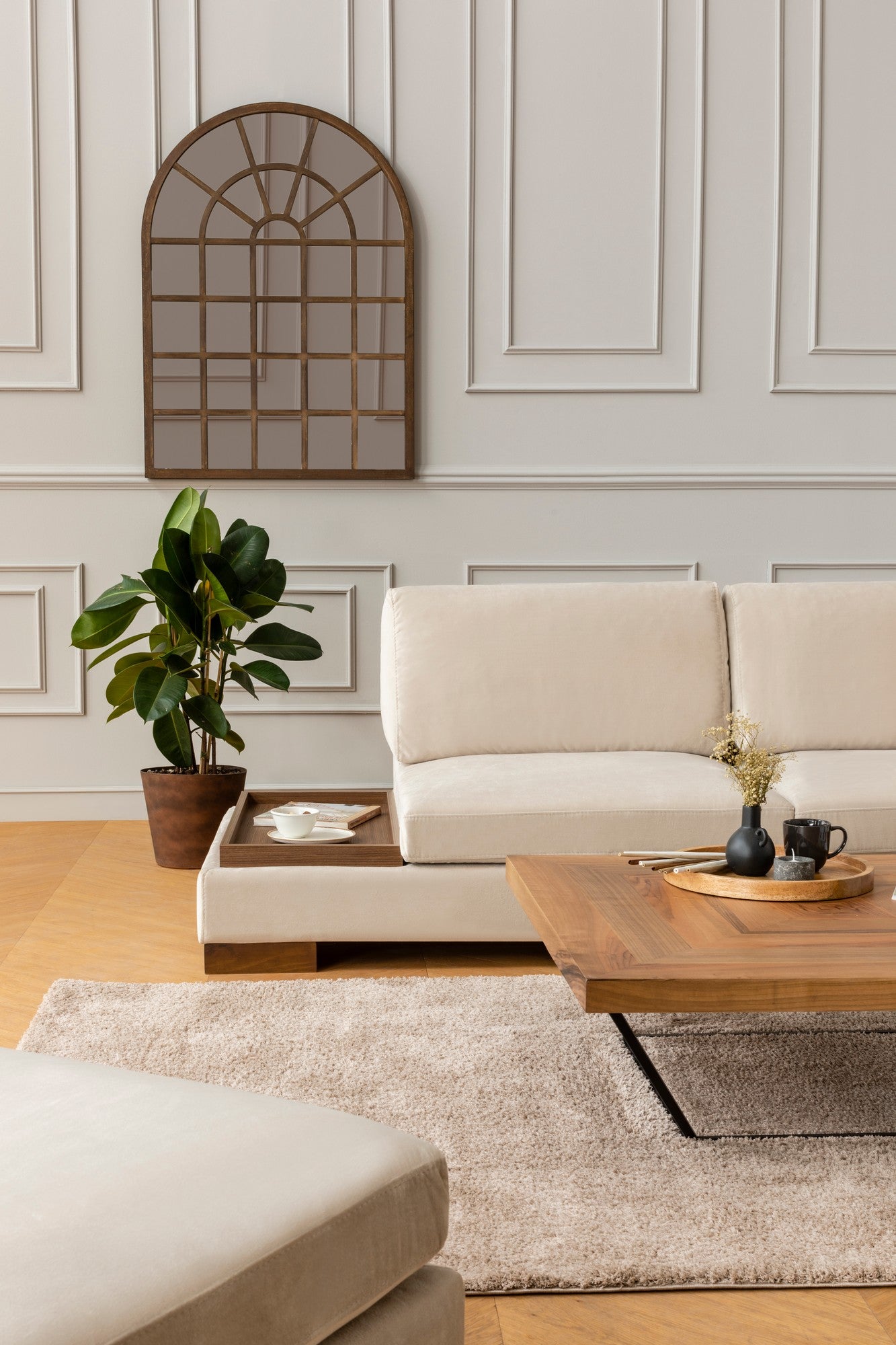 Tulpanhörn Höger Utan Pouf - Beige Hörnsoffa