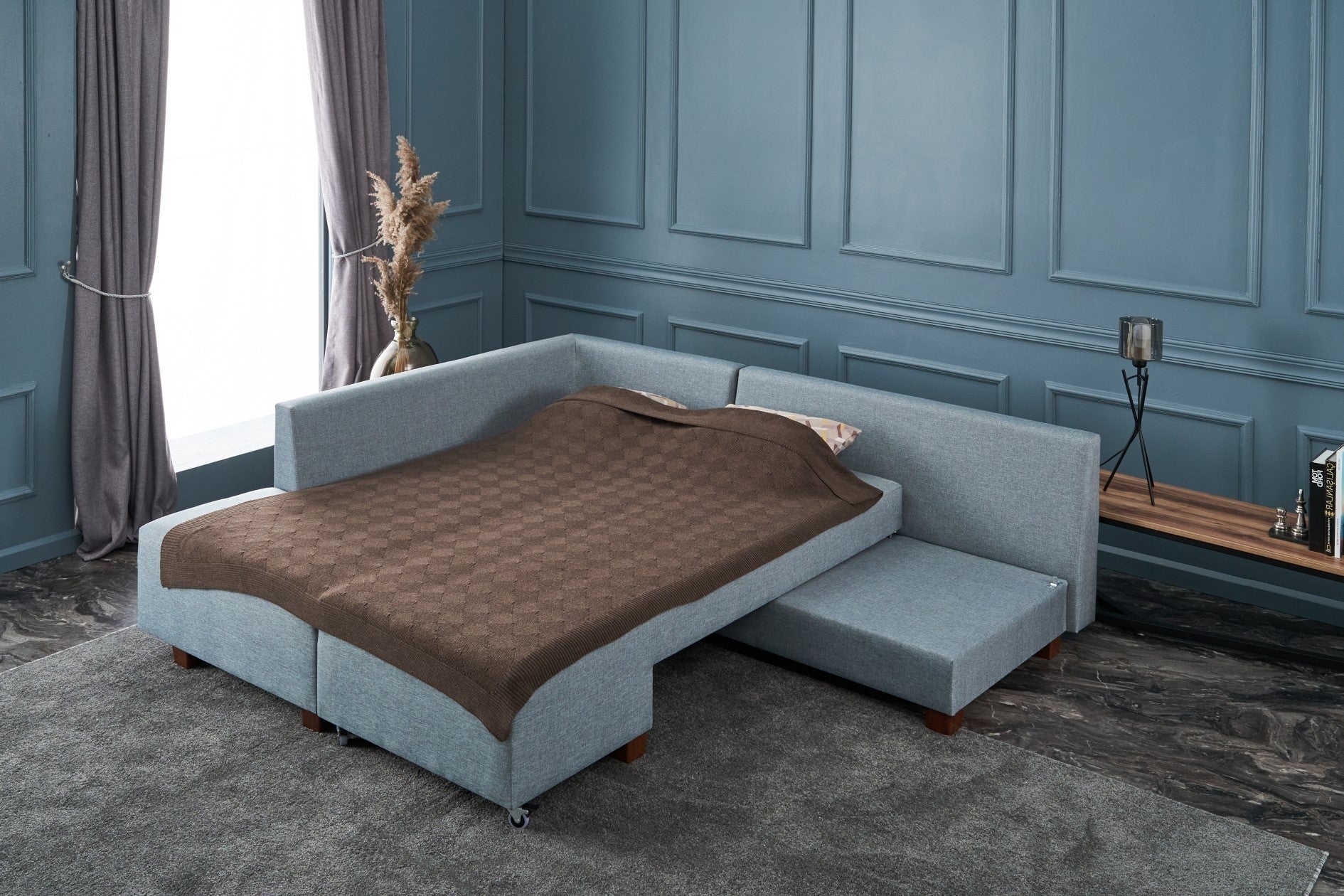 Manama Corner Sofa Bed Left - Light Blue Corner Sofa-Bed