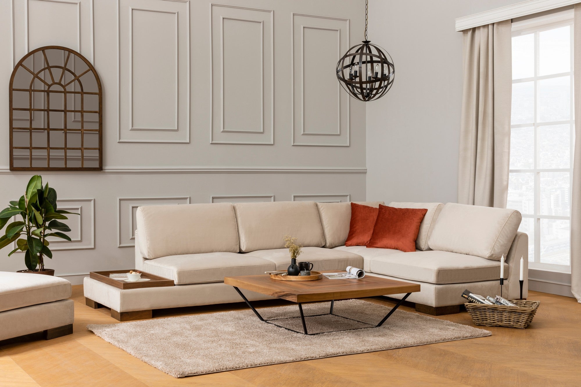Tulpanhörn Höger Utan Pouf - Beige Hörnsoffa