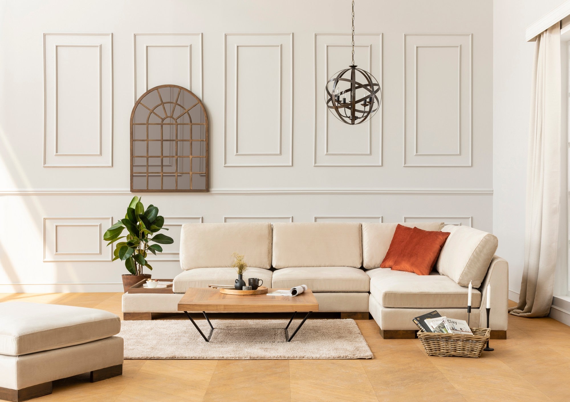 Tulpanhörn Höger Utan Pouf - Beige Hörnsoffa
