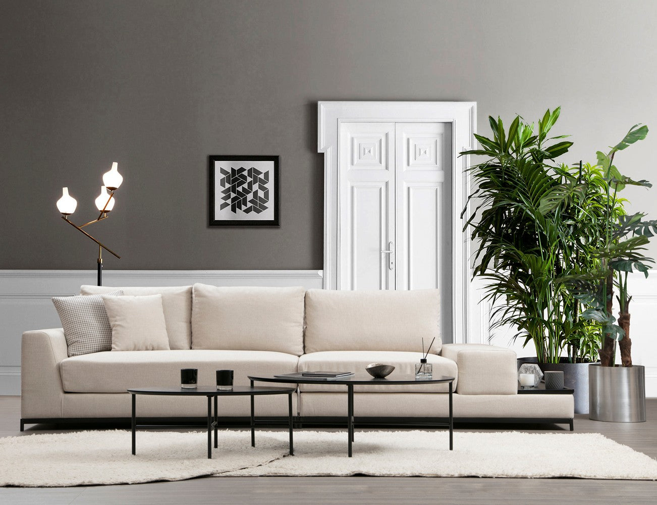 Line Med Sidoskåp - Beige 4-Sits Soffa