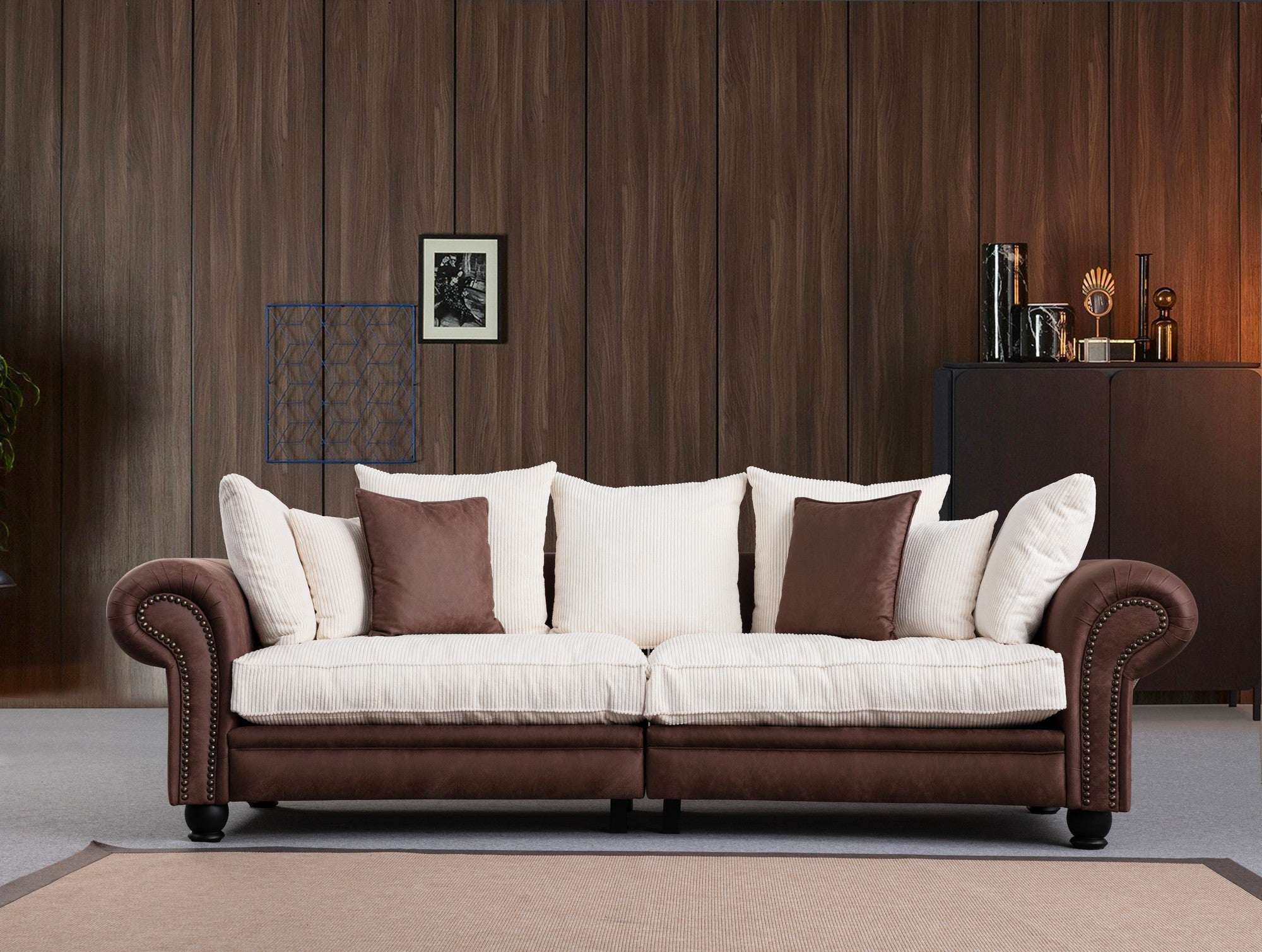 Fresno 3 - Brun, Vit 3-sits soffa