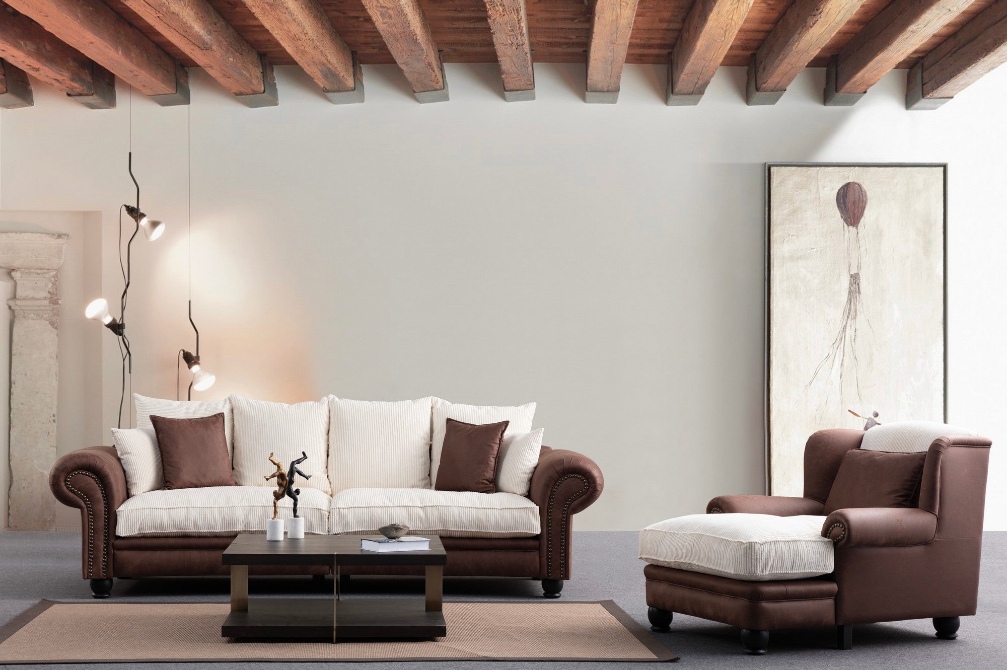 Fresno 3 - Brun, Vit 3-sits soffa