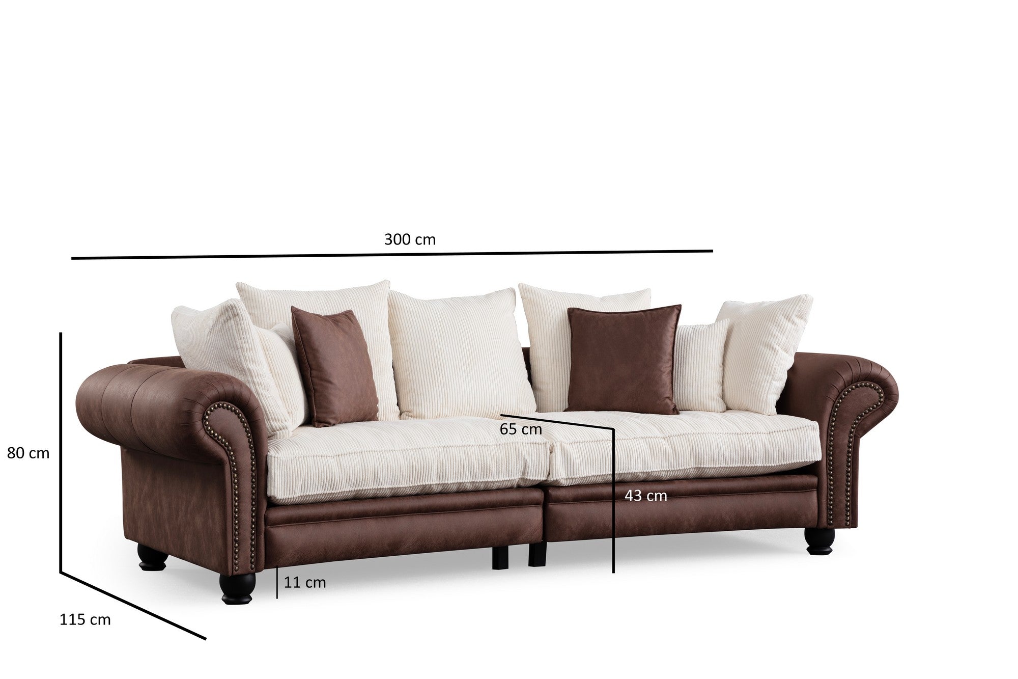 Fresno 3 - Brun, Vit 3-sits soffa