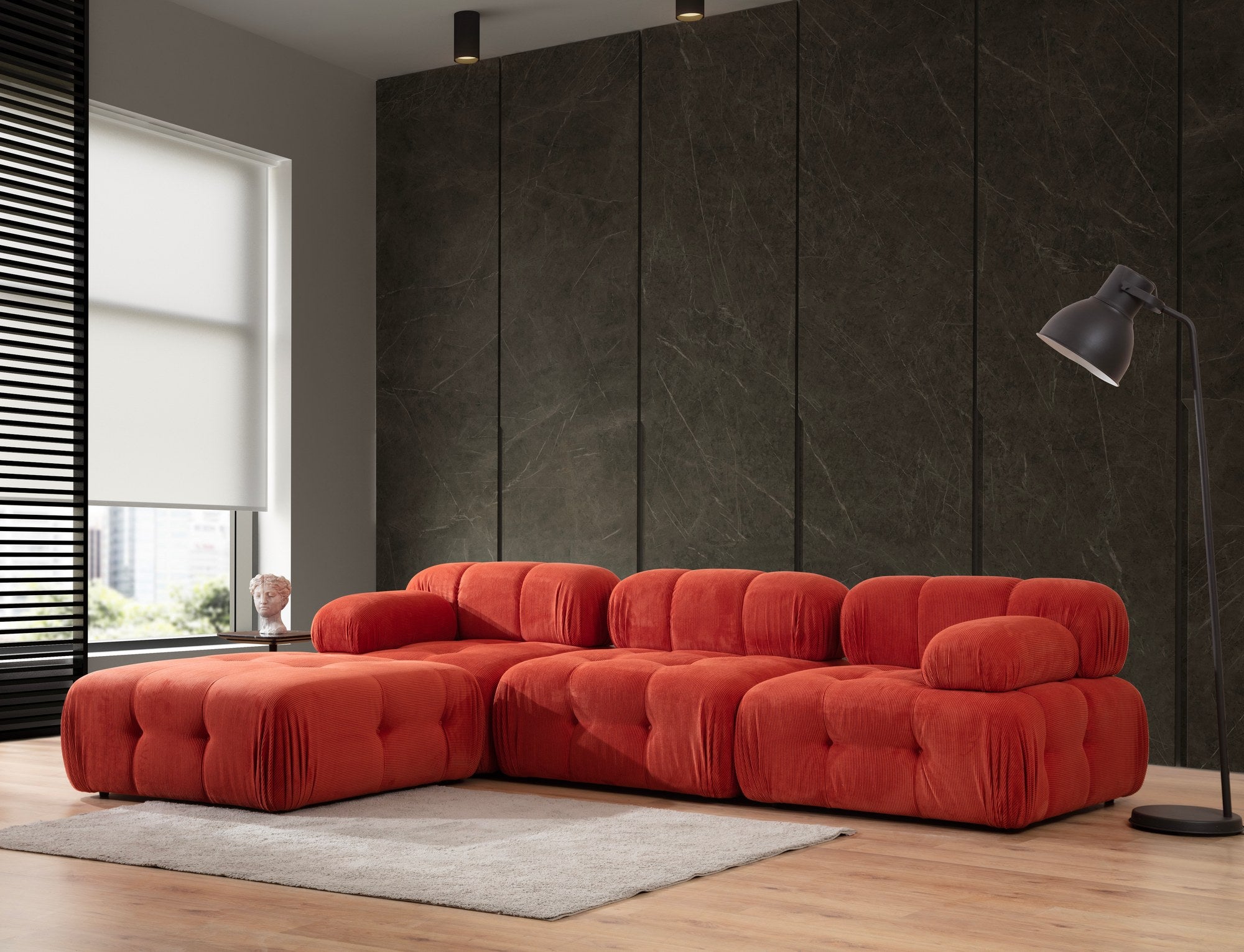Doblo 3-sits med puff ( L1-O1-1R-Pouffe) - Röd Hörnssoffa