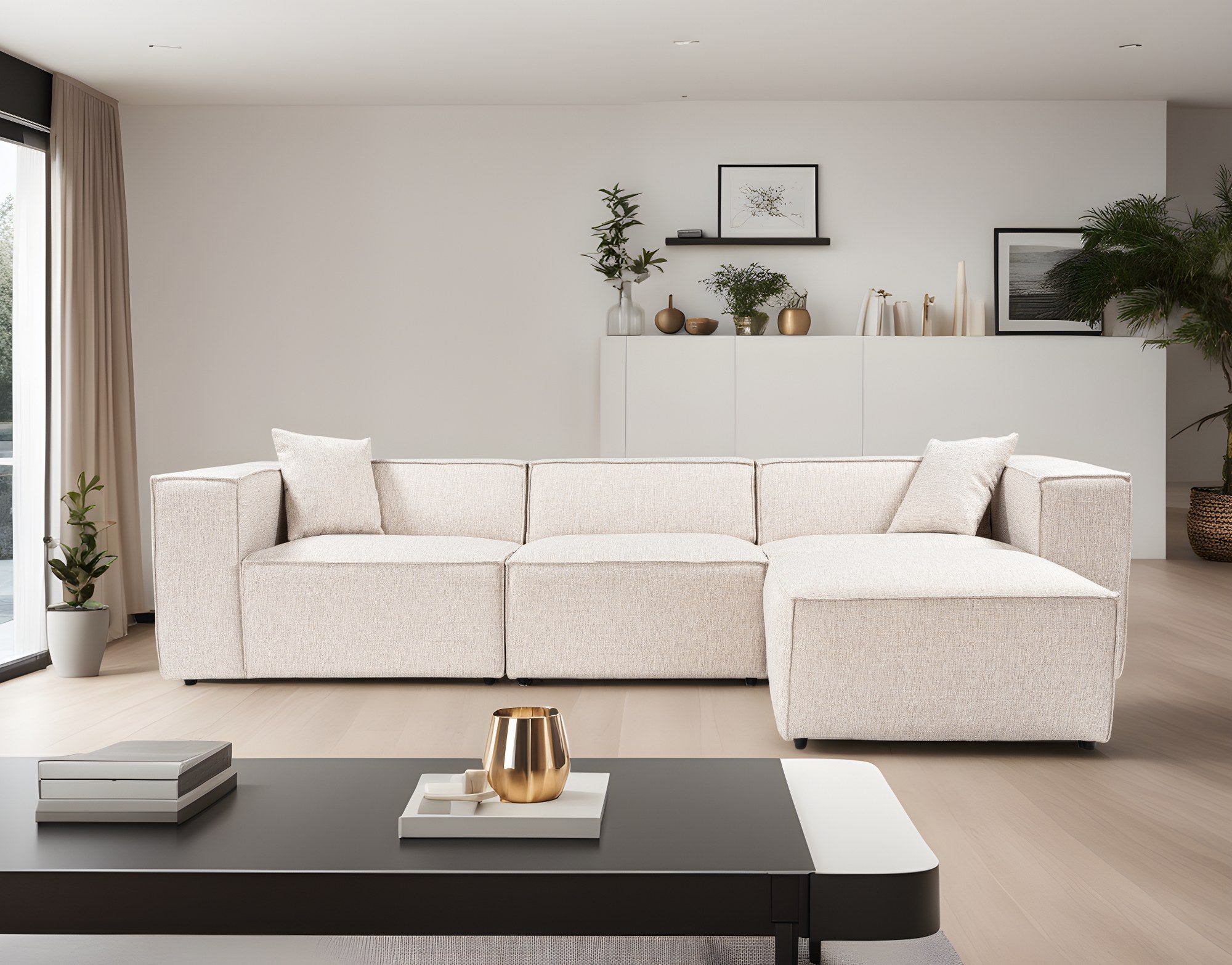 Lora (L1-O1-1R-POUFFE ) - Ljusbrun Hörnssoffa