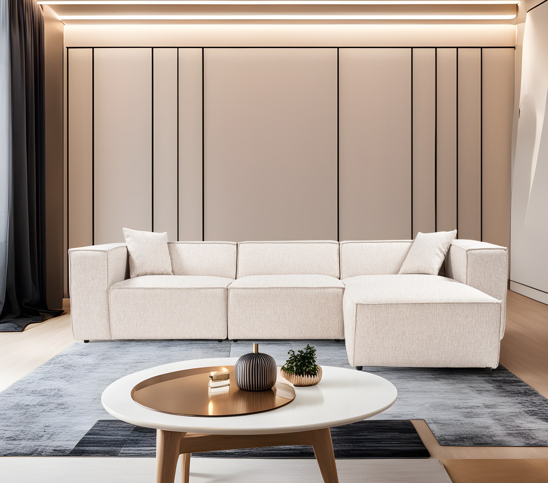 Lora (L1-O1-1R-POUFFE ) - Ljusbrun Hörnssoffa