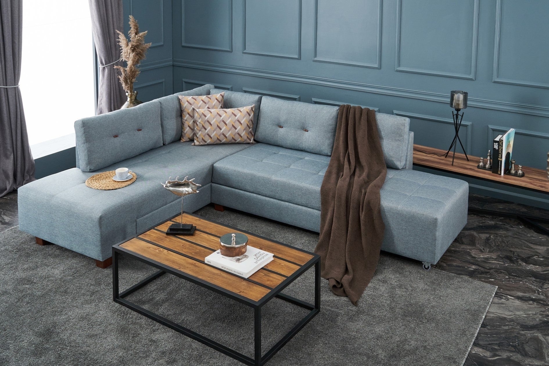 Manama Corner Sofa Bed Left - Light Blue Corner Sofa-Bed