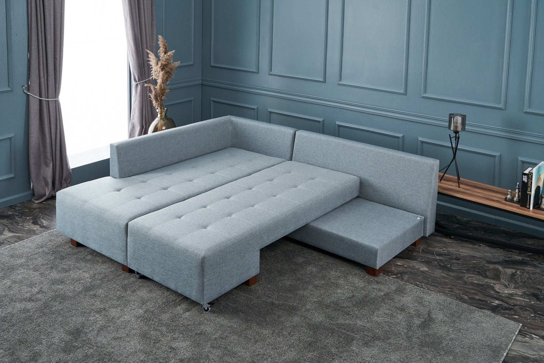 Manama Corner Sofa Bed Left - Light Blue Corner Sofa-Bed