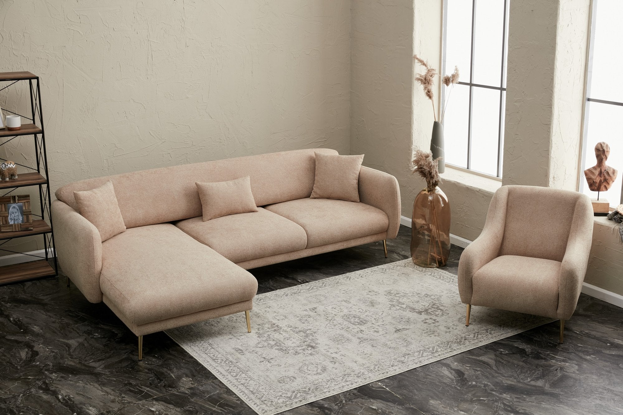 Simena Left - Beige Hörnsoffa-säng